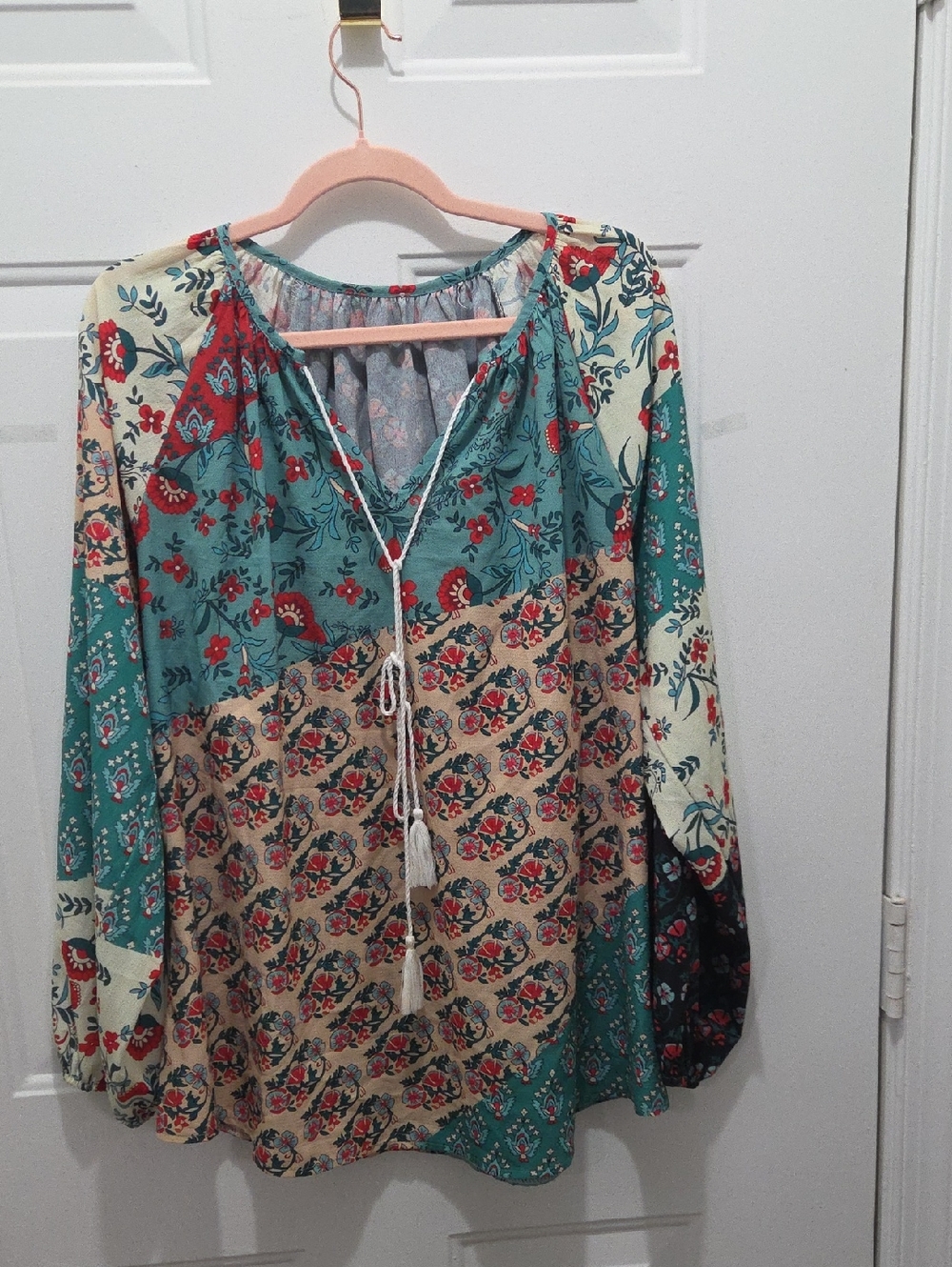 Floral Patchwork Peasant Blouse - Teal & Cream XL